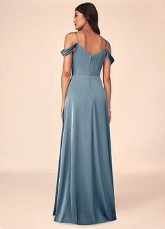 Azazie Ocean Bridesmaid Dresses Dusty Blue A-Line V-Neck Pleated Stretch Satin Dress image9