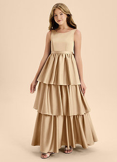 Azazie Meadowyn Junior Abito A-Line in Raso Elasticizzato Fiocco Champagne image4