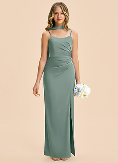 Azazie Calandra Junior Silver Sage Sheath Pleated Stretch Satin Dress image1