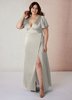 Azazie Lani Robes de demoiselle d'honneur Robe Trapèze en Satin extensible Manche à volants Galet image7