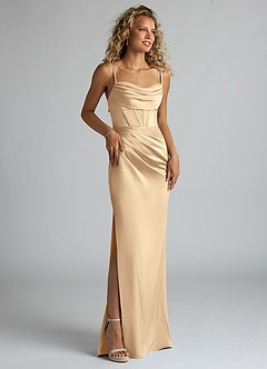 Azazie Mai Bridesmaid Dresses Champagne Sheath Pleated Stretch Satin Dress image3