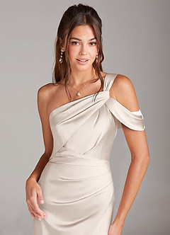 Azazie Wynter Bridesmaid Dresses White Alabaster Sheath One Shoulder Stretch Satin Dress image5