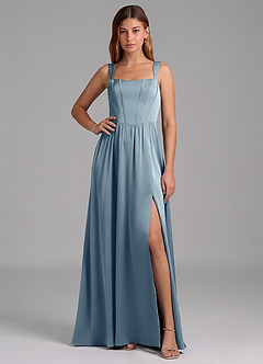 Azazie Rosaline Bridesmaid Dresses Dusty Blue A-Line Side Slit Stretch Satin Dress image1