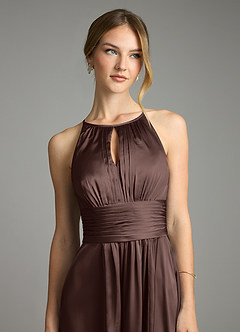Azazie Bonnie Bridesmaid Dresses Ganache A-Line Pleated Stretch Satin Dress image2