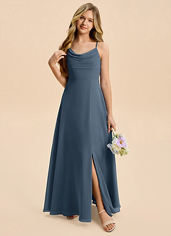 Azazie Gia Junior Abito A-Line in Chiffon Plissettato Blu Nettuno image6