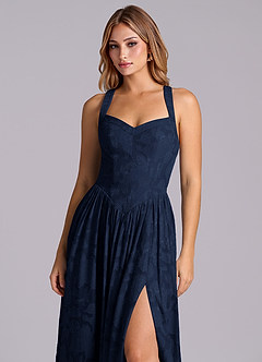 Azazie Francis Bridesmaid Dresses Dark Navy A-Line Corset Floral Burnout Dress image7