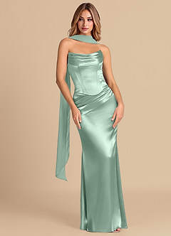 Azazie Sorrel Jurken voor bruidsmeisjes Converteerbaar Jurk van Metaalachtig Satijn met Zeemeermin Korset Agave image3