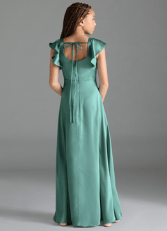 Azazie Bondi Junior Robe Trapèze en Satin extensible Fente Latérale Aqua image2