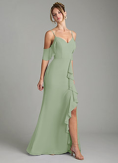 Azazie Alexys Robes de demoiselle d'honneur Robe Fourreau en Mousseline de soie Épaule décolletée Vert Sauge image6
