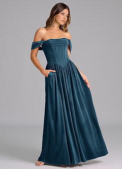 Azazie Hattie Bridesmaid Dresses Blue Topaz A-Line Ruched Velvet Dress image3