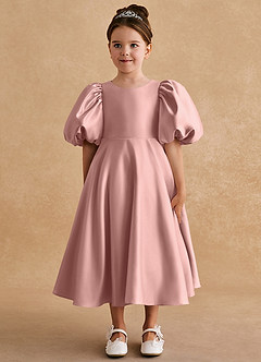 Azazie Sugarplum Flower Girl Dresses Rose Gold A-Line with Sleeves Matte Satin Dress image3