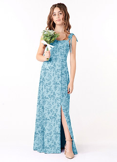 Azazie Rosey Junior Robe Trapèze en Mousseline de soie Encolure en Forme de Cœur Fougère Bleue Florale image4