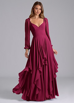 Azazie Karan Abiti da Damigella Abito A-Line in Chiffon Maniche Lunghe Borgogna image1