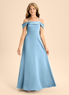 Azazie Anselie Junior Steel Blue A-Line Off the Shoulder Stretch Satin Dress image7