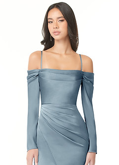 Azazie Hallie Bridesmaid Dresses Dusty Blue Sheath Off-The-Shoulder Long Sleeve Stretch Satin Convertible Dress image2