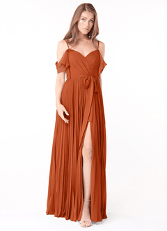 Azazie Lyney Robes de demoiselle d'honneur Robe Trapèze en Mousseline de soie Épaule décolletée Orange Brûlée image1