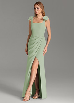 Azazie Adalynn At-home Try On Dresses Dusty Sage Mermaid Pleated Chiffon Dress image5