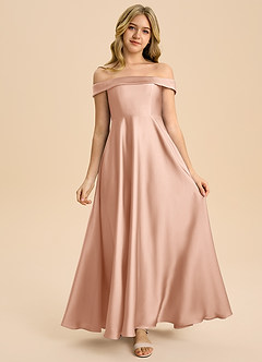 Azazie Sissy Junior Abito A-Line in Raso Elasticizzato a Spalla Scoperta Oro Rosa image4