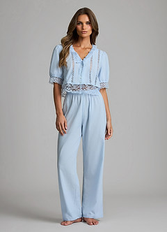 front Pyjama-Set aus Lyocell-Baumwolle mit V-Ausschnitt, Spitzeneinsatz, kurzen Ärmeln und langer Hose