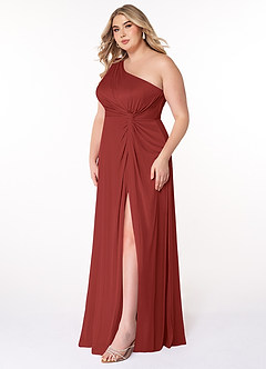 Azazie Brooke Bridesmaid Dresses Rust A-Line One Shoulder Mesh Dress image8