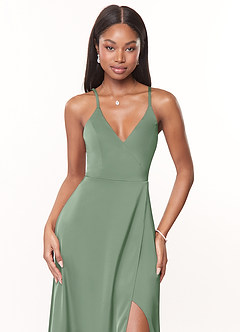 Azazie Maksim Vestidos de damas de honor Vestido de Matcha de Satén Elástico de Corte en A con Cuello en V image5