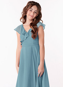 Azazie Posie Junior A-Linie Gestreift Chiffon Kleid Stimmungsvolles Blau image6