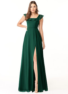 Azazie Jinny Bridesmaid Dresses Emerald A-Line Square Neckline Ruched Chiffon Dress image1