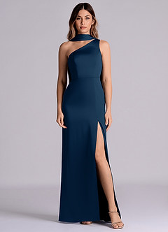 Azazie Phaedra 신부 들러리 드레스 A라인 한쪽 어깨 스트레치 새틴 바닥 길이 드레스 image1