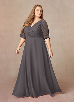 Azazie Bronwyn vestidos de madre de la novia Vestido de Gris Acero de Gasa de Corte En A con Cuello de pico fruncido image8