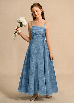 Azazie Pebbles Junior Formal Flower Girl Dresses Steel Blue A-Line Pleated Floral Burnout Dress image1