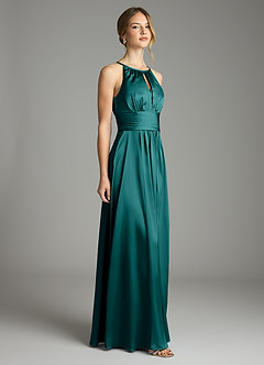 Azazie Bonnie Bridesmaid Dresses Peacock A-Line Pleated Stretch Satin Dress image4