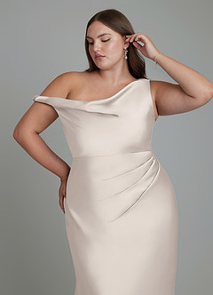 Azazie Emerson Bridesmaid Dresses White Alabaster Mermaid Off the Shoulder Stretch Satin Dress image5