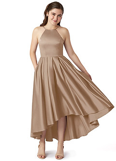 Azazie Jemima Junior Taupe A-Line with Pockets Stretch Satin Dress image1