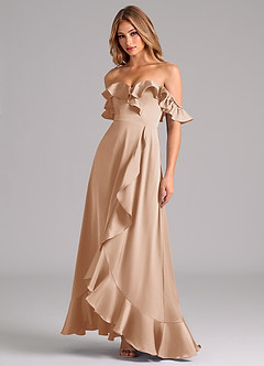Azazie Lyra Robes de demoiselle d'honneur Robe Trapèze Convertible en Satin extensible Épaule décolletée Rose Perle image4