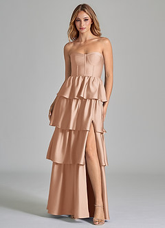 Azazie Faye Robes de demoiselle d'honneur Robe Trapèze en Satin extensible Rayé Rose Perle image4