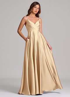 Azazie Amani Abiti da Damigella Abito A-Line in Raso Elasticizzato Plissettato Champagne image4