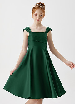 Azazie Amira Junior Dark Green A-Line Pleated Stretch Satin Dress image3