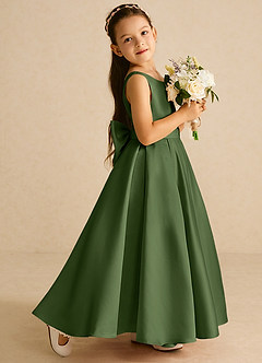 Azazie Pipsy Blumenmädchenkleider A-Linie Schleifen Matte Satin Kleid Olivgrün image3