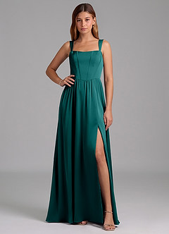 Azazie Rosaline Bridesmaid Dresses Peacock A-Line Side Slit Stretch Satin Dress image1