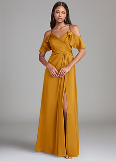 Azazie Dakota Bridesmaid Dresses Butterscotch A-Line Off the Shoulder Stretch Satin Dress image3