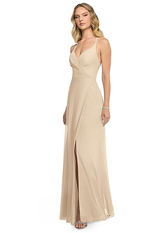 Azazie Davis Bridesmaid Dresses Champagne A-Line V-Neck Chiffon Dress image3