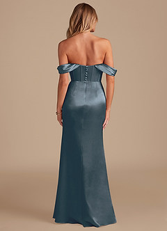 Azazie Asha Jurken voor bruidsmeisjes Jurk van Metaalachtig Satijn met Kolom Off the Shoulder Schemering image7
