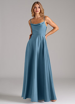 Azazie Elle Bridesmaid Dresses Steel Blue A-Line Pleated Stretch Satin Dress image5