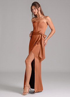 Azazie Jamie Robes de demoiselle d'honneur Robe Trapèze Convertible en Satin extensible Sans bretelle Cuivre image4