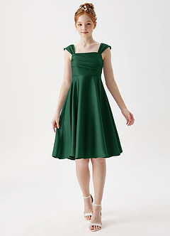 Azazie Amira Junior Dark Green A-Line Pleated Stretch Satin Dress image1