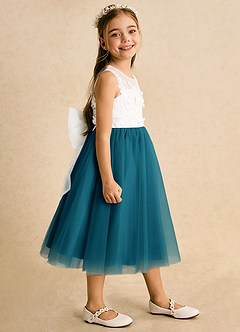 Azazie Lina Flower Girl Dresses Ivory Ink Blue Ball-Gown Lace Dress image6