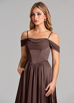 Azazie Raisa Bridesmaid Dresses Ganache A-Line Off the Shoulder Stretch Satin Dress image7