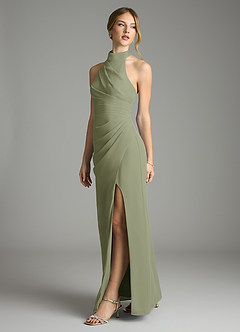 Azazie Jemma Vestidos de damas de honor Vestido de Pistacho de Gasa de Corte Recto con Plisado image3