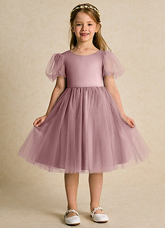 Azazie Duchess Abiti da Ragazza di Fiori Abito A-Line in Tulle Con Maniche Rosa Polverosa image4