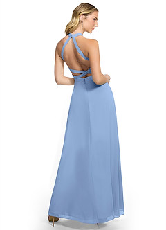 Azazie Clarice Vestidos de damas de honor Vestido de Azul Acero de Gasa de Corte En A con Halter image4